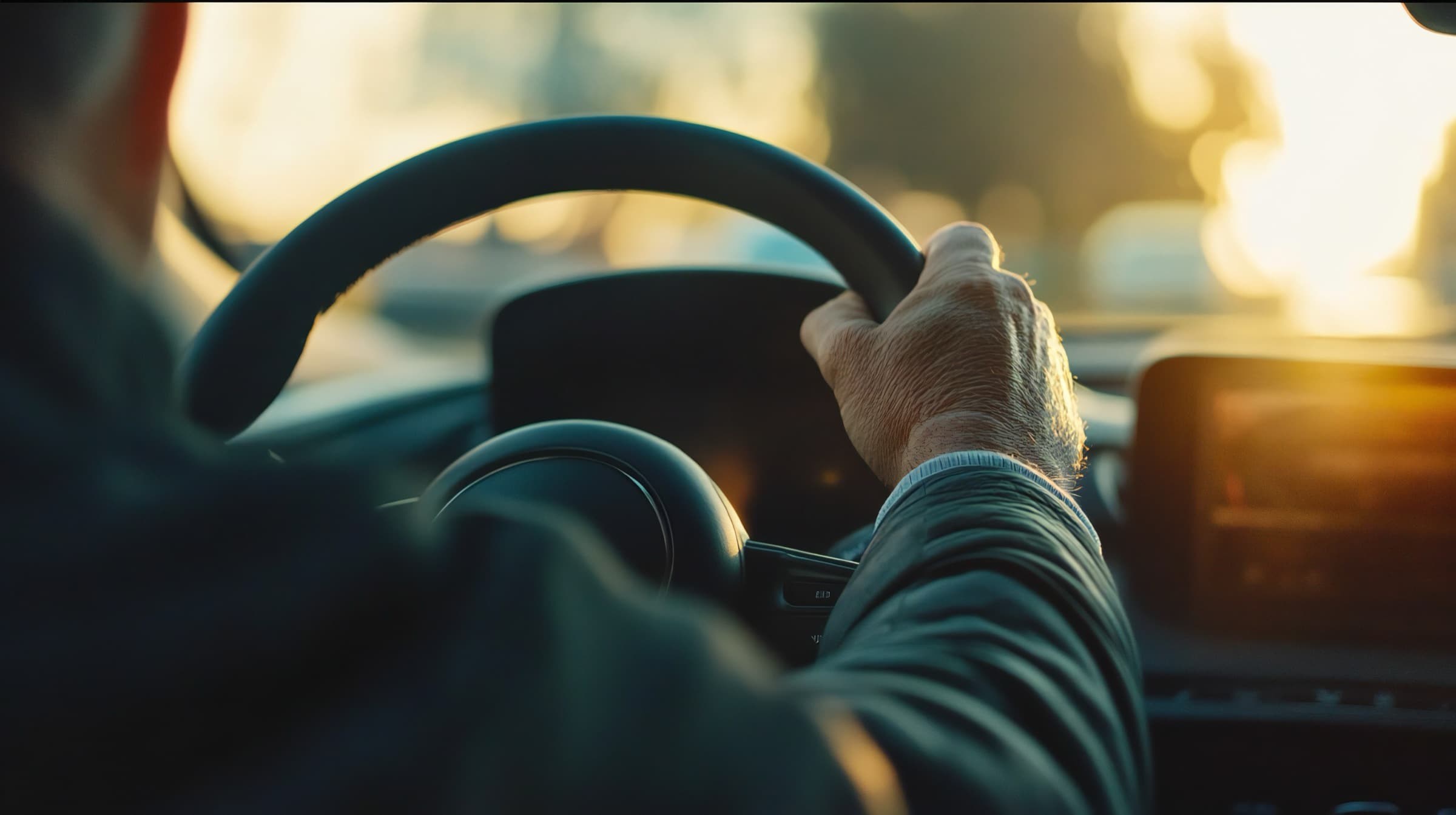 A driver, hand on the wheel, heading into the golden-hour light
